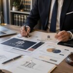 Profesional del sector jurídico revisando materiales de identidad visual y branding en una oficina, con elementos legales y recursos de marketing digital.