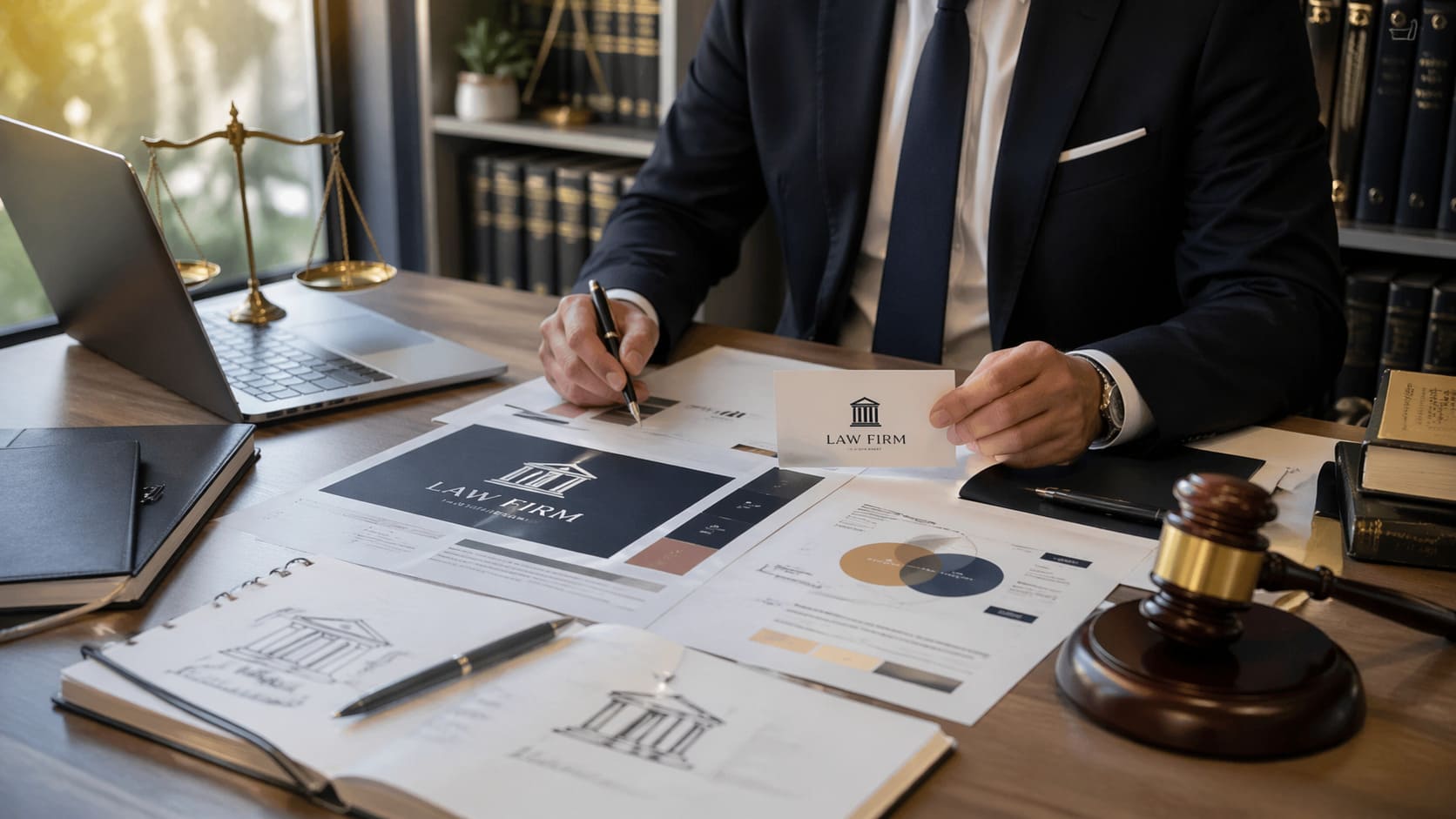 Profesional del sector jurídico revisando materiales de identidad visual y branding en una oficina, con elementos legales y recursos de marketing digital.