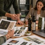 Equipo profesional trabajando el diseño gráfico y la identidad de marca para una empresa del sector oleícola con botellas de aceite de oliva, packaging y materiales visuales sobre la mesa.