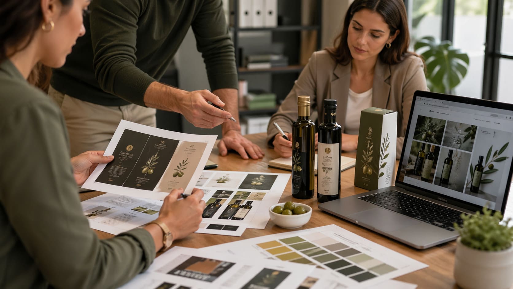 Equipo profesional trabajando el diseño gráfico y la identidad de marca para una empresa del sector oleícola con botellas de aceite de oliva, packaging y materiales visuales sobre la mesa.