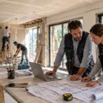 Profesionales del sector reformas y construcción revisando planos, imagen de marca y materiales visuales en una obra en curso.