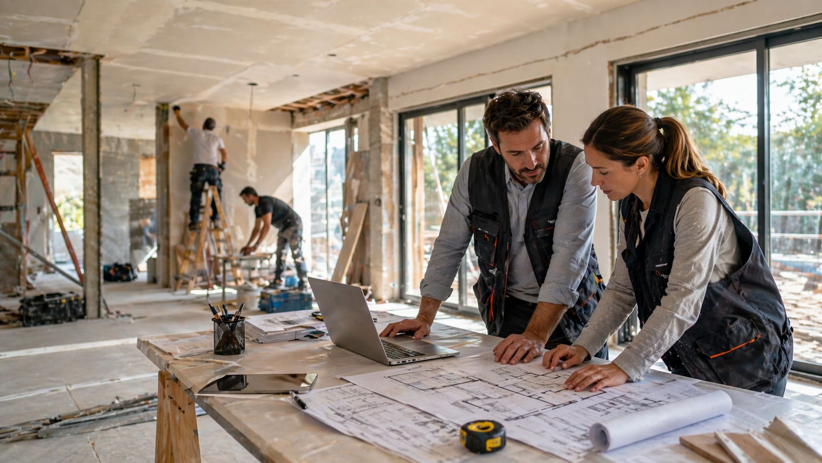 Profesionales del sector reformas y construcción revisando planos, imagen de marca y materiales visuales en una obra en curso.