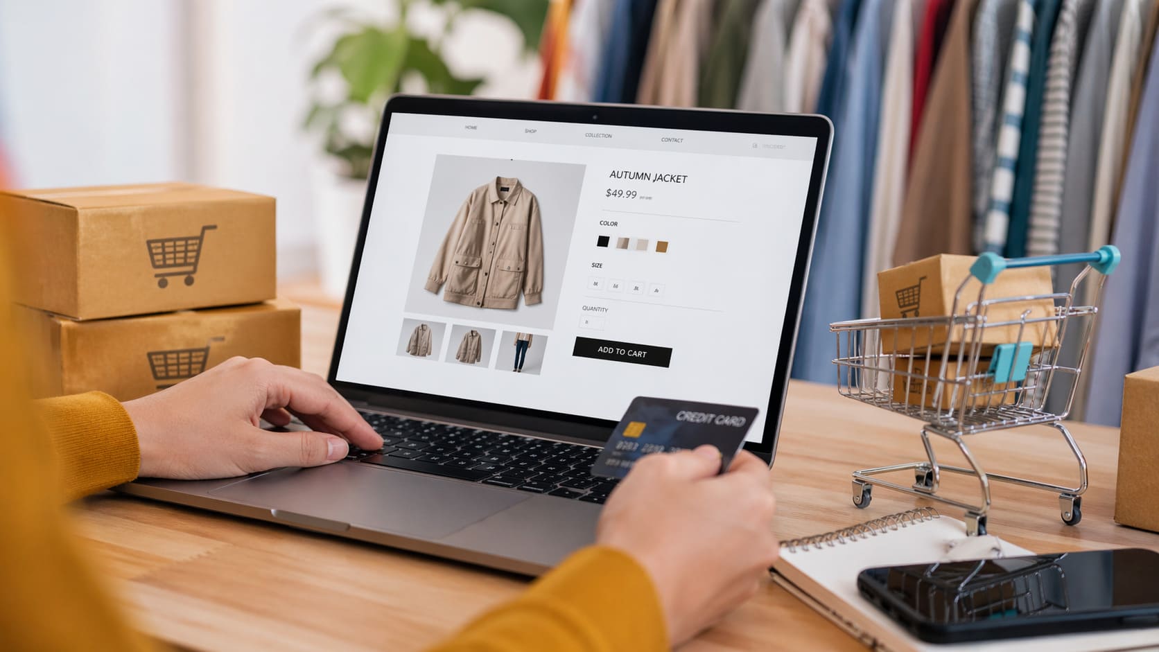 Profesional realizando una compra online en un entorno de retail y ecommerce con portátil, carrito de compra, paquetes y elementos de marketing digital