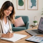 Profesional del sector salud mental y psicología trabajando la identidad visual y el marketing digital en una consulta moderna y luminosa.
