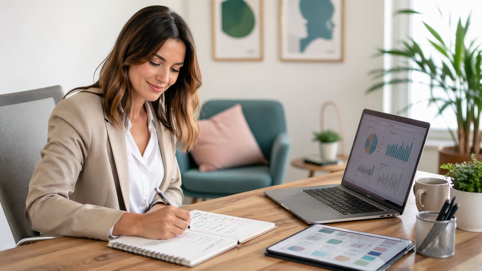 Profesional del sector salud mental y psicología trabajando la identidad visual y el marketing digital en una consulta moderna y luminosa.