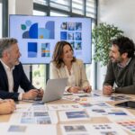Equipo profesional revisando materiales de diseño gráfico y comunicación institucional para sector público y asociaciones.
