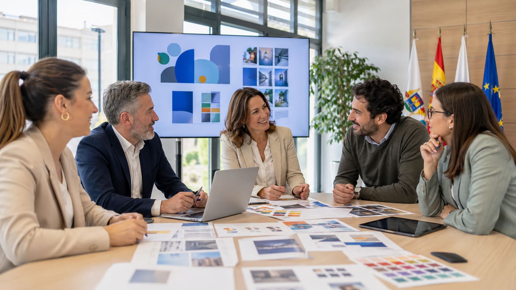 Equipo profesional revisando materiales de diseño gráfico y comunicación institucional para sector público y asociaciones.