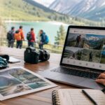 Diseño gráfico para empresa de turismo activo con material de aventura, portátil y recursos visuales de marketing digital en un entorno de montaña