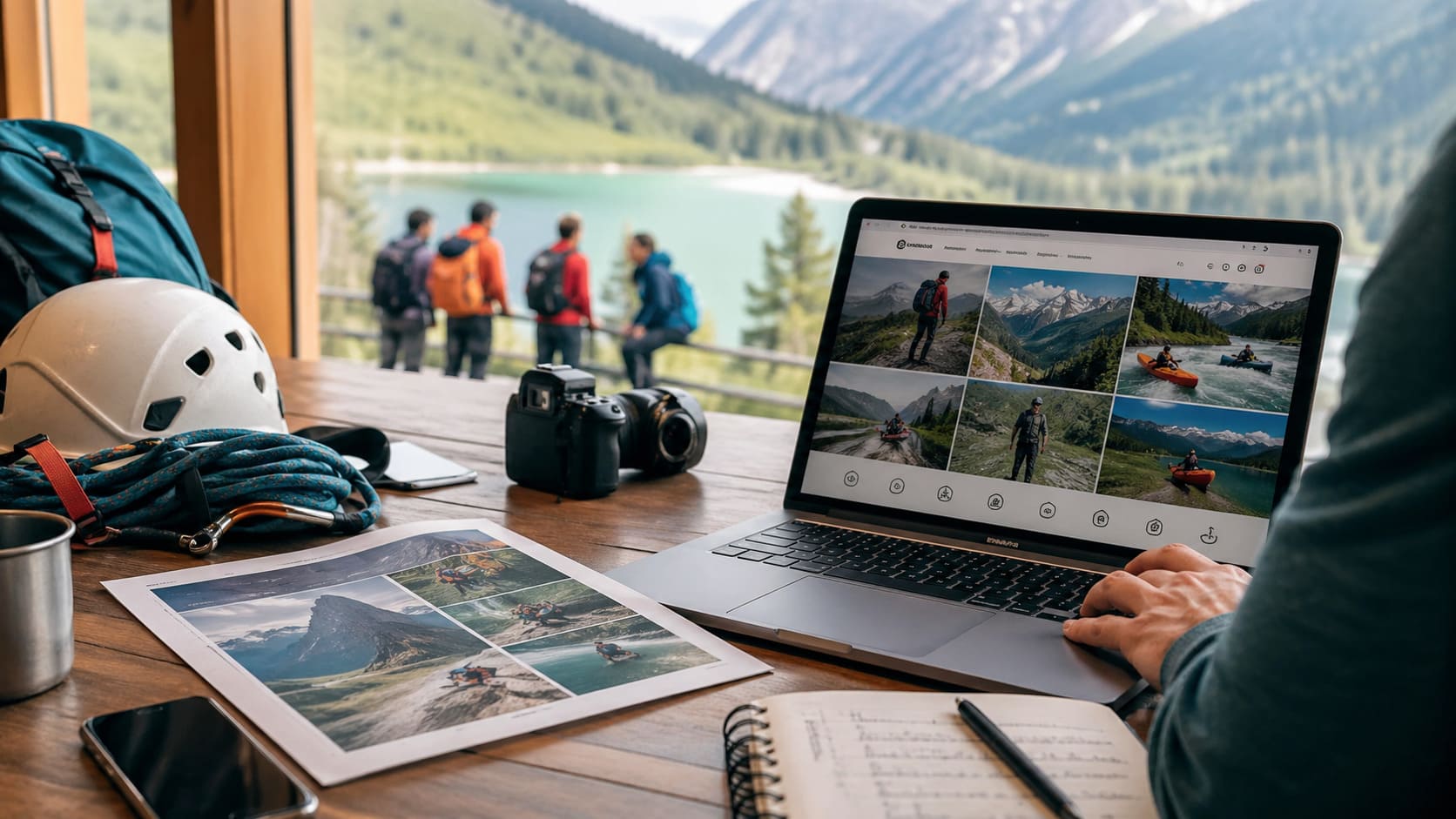 Diseño gráfico para empresa de turismo activo con material de aventura, portátil y recursos visuales de marketing digital en un entorno de montaña