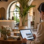 Profesional del sector turístico revisando una estrategia de diseño gráfico y marketing digital en el lobby de un alojamiento.