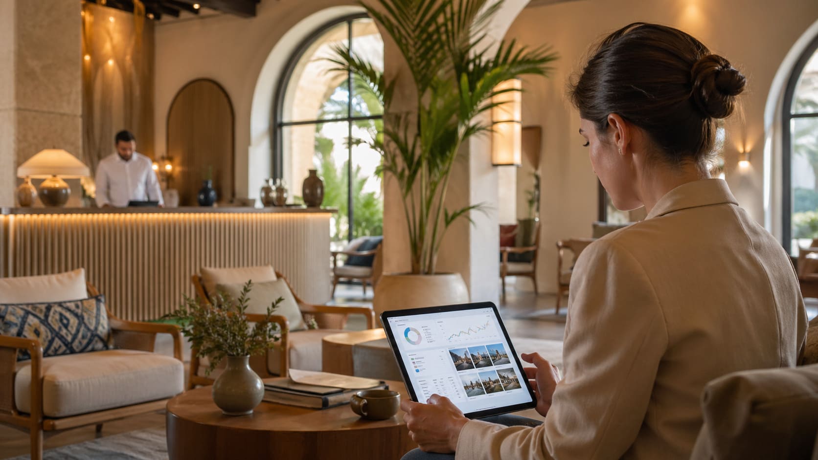 Profesional del sector turístico revisando una estrategia de diseño gráfico y marketing digital en el lobby de un alojamiento.