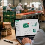 Profesional del sector agroalimentario analizando una estrategia de email marketing en un entorno de producción alimentaria con apoyo de herramientas digitales