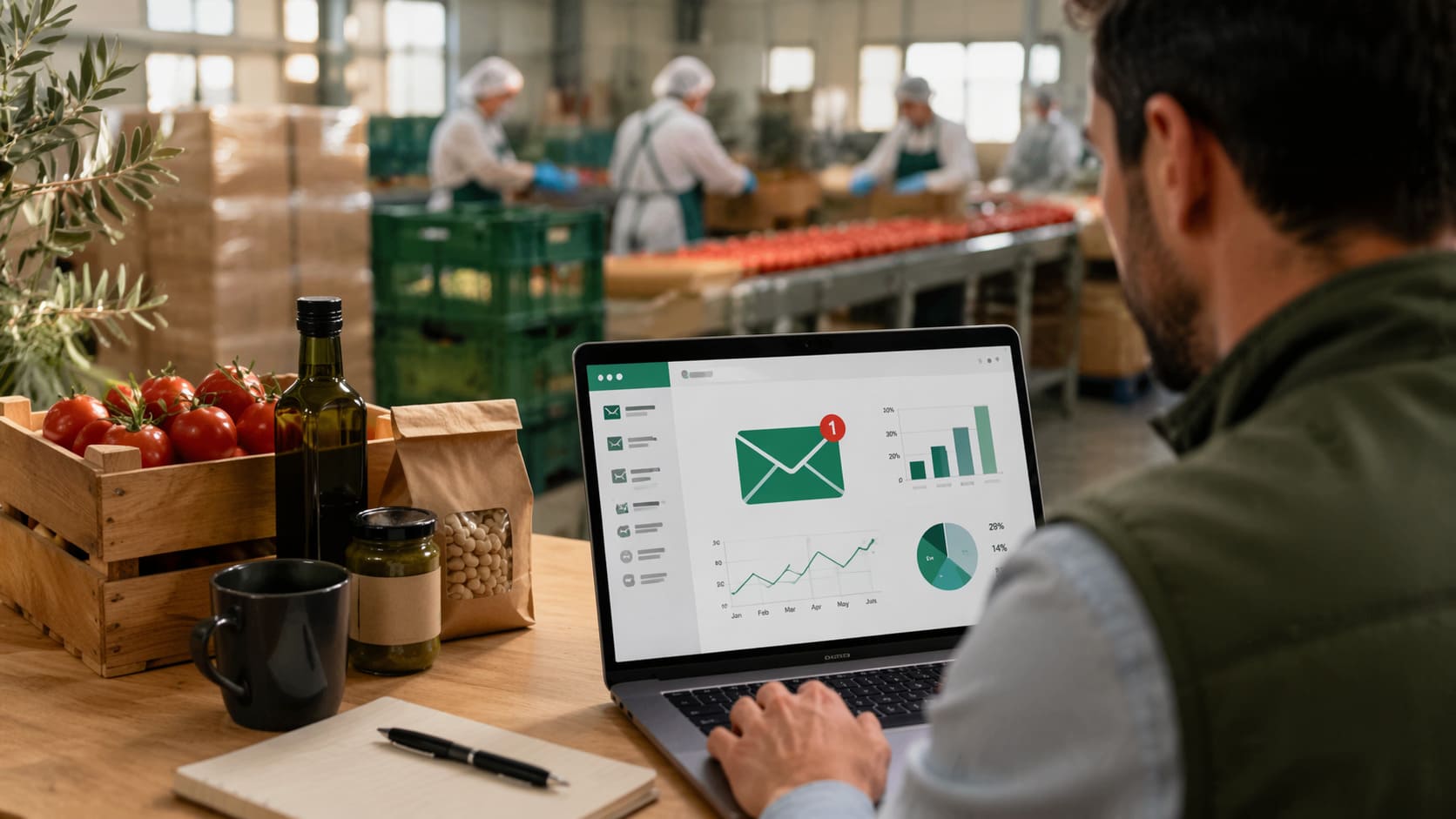 Profesional del sector agroalimentario analizando una estrategia de email marketing en un entorno de producción alimentaria con apoyo de herramientas digitales
