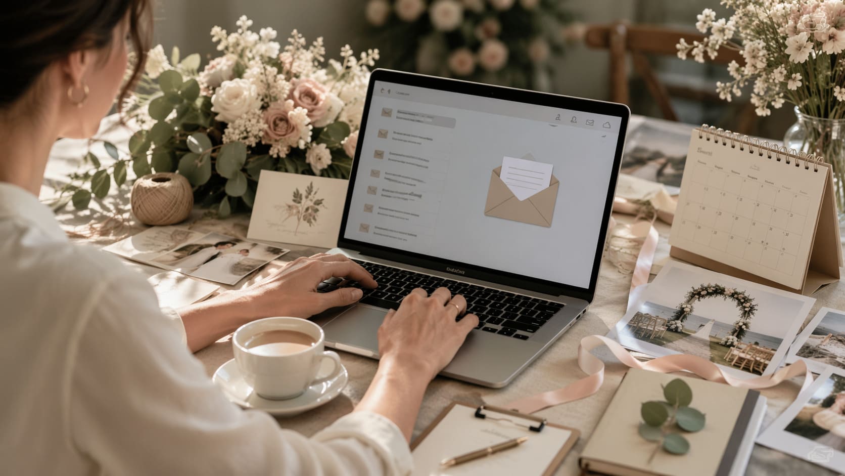 Profesionales del sector bodas y eventos trabajando una estrategia de email marketing en un entorno elegante y visual