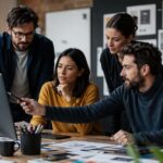 Equipo de comunicación y producción creativa trabajando una estrategia de email marketing en una oficina profesional