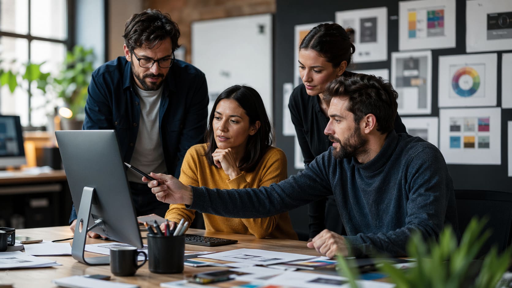 Equipo de comunicación y producción creativa trabajando una estrategia de email marketing en una oficina profesional