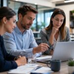 Profesionales de consultoría y servicios empresariales revisando una estrategia de email marketing en una oficina moderna