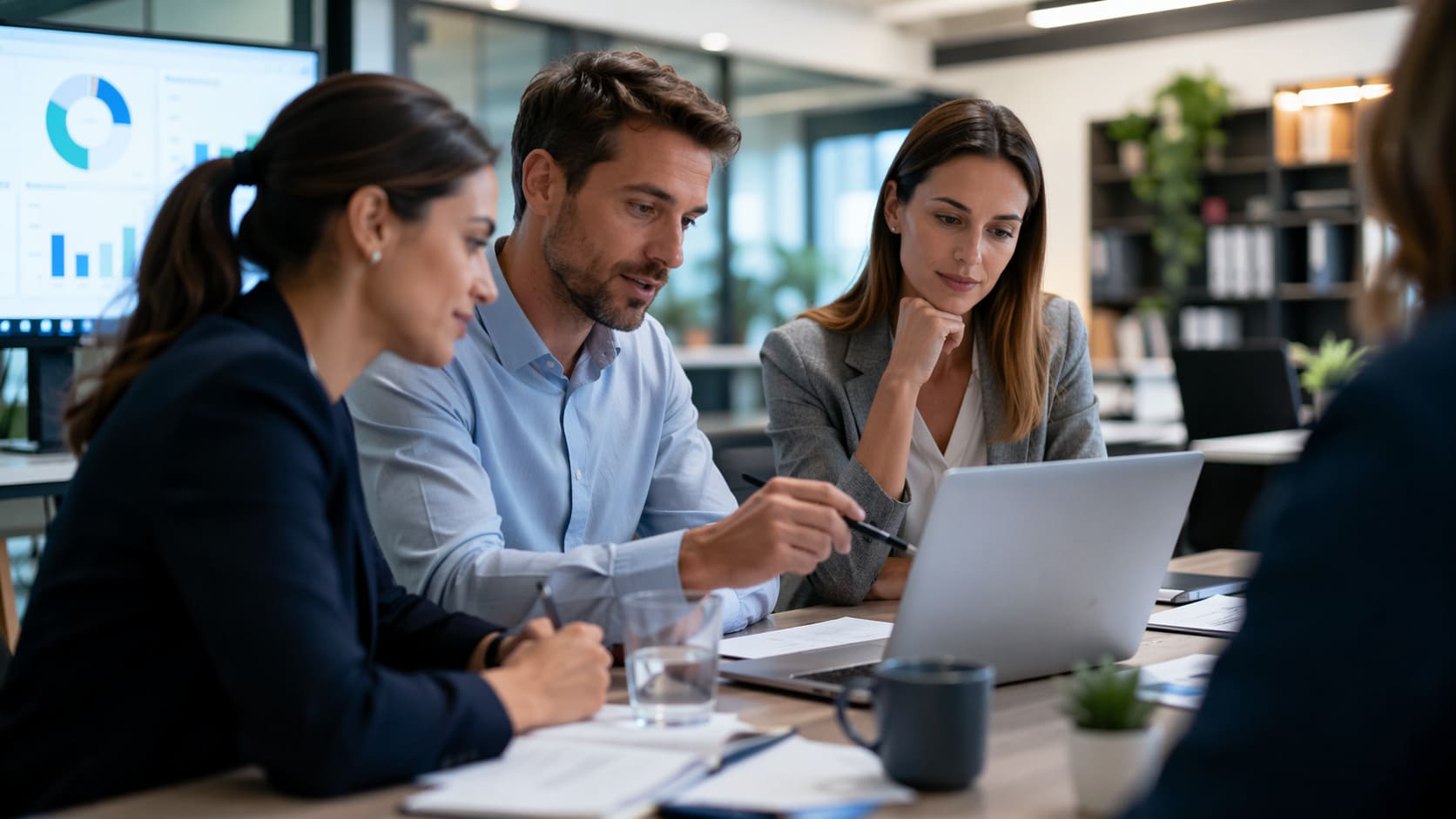 Profesionales de consultoría y servicios empresariales revisando una estrategia de email marketing en una oficina moderna
