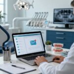 Profesional del sector dental trabajando una estrategia de email marketing en una clínica moderna