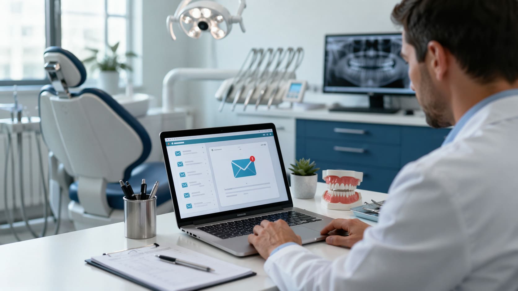 Profesional del sector dental trabajando una estrategia de email marketing en una clínica moderna