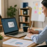 Profesional del sector Educación y Formación trabajando una estrategia de email marketing en un entorno formativo moderno con recursos digitales.