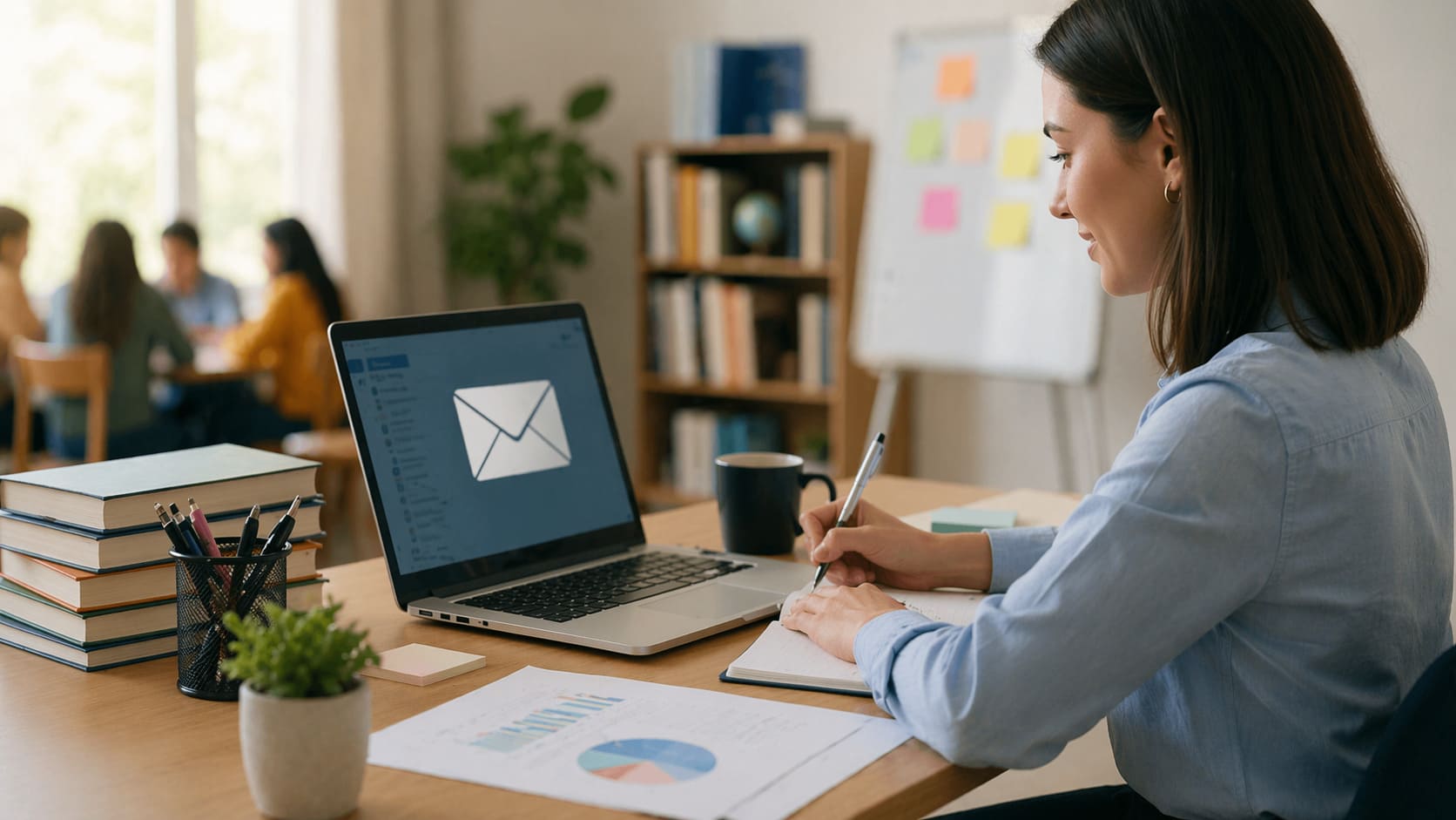 Profesional del sector Educación y Formación trabajando una estrategia de email marketing en un entorno formativo moderno con recursos digitales.