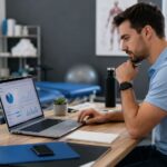 Profesional de fisioterapia en una clínica de rehabilitación revisando una estrategia de email marketing en un entorno moderno y profesional