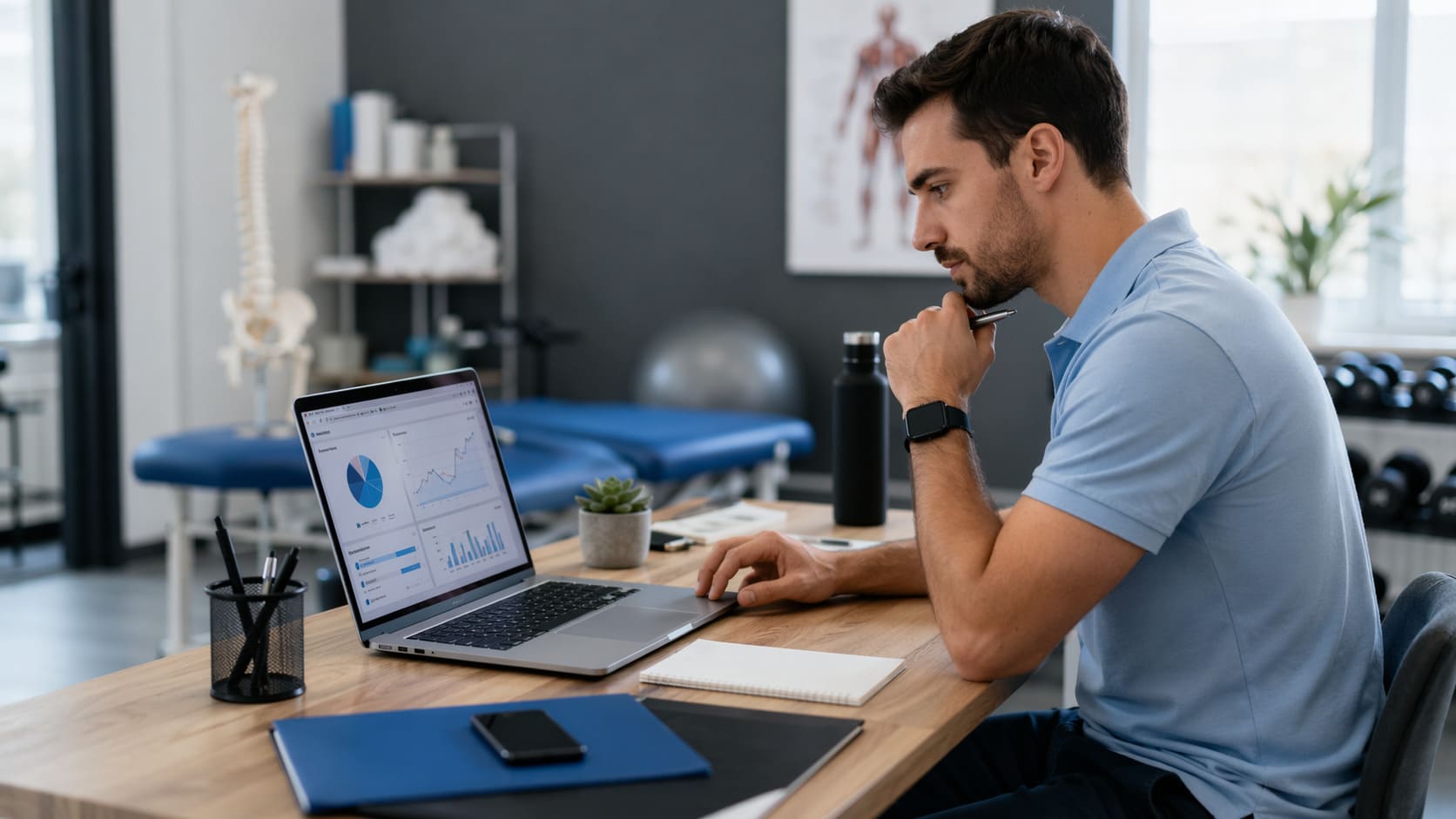 Profesional de fisioterapia en una clínica de rehabilitación revisando una estrategia de email marketing en un entorno moderno y profesional