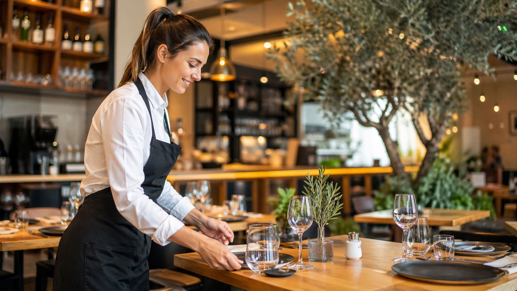 Profesional del sector hostelería y restauración gestionando una estrategia de email marketing en un restaurante con entorno digital y ambiente profesional