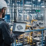 Profesional del sector industria e ingeniería revisando una estrategia de email marketing en un entorno industrial moderno