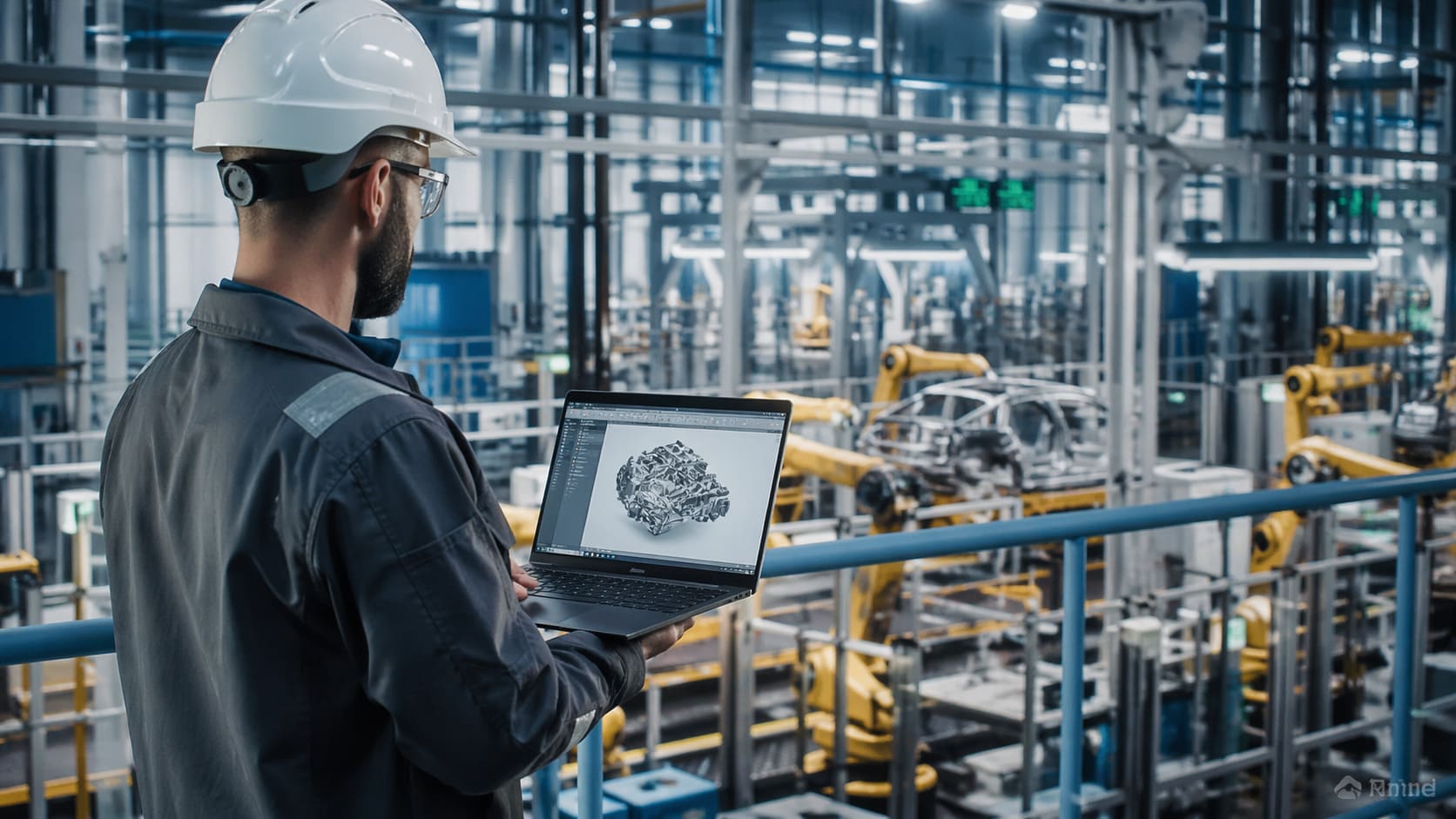 Profesional del sector industria e ingeniería revisando una estrategia de email marketing en un entorno industrial moderno
