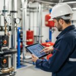 Técnico del sector instalaciones y energía revisando una instalación industrial con una tablet en un entorno técnico profesional