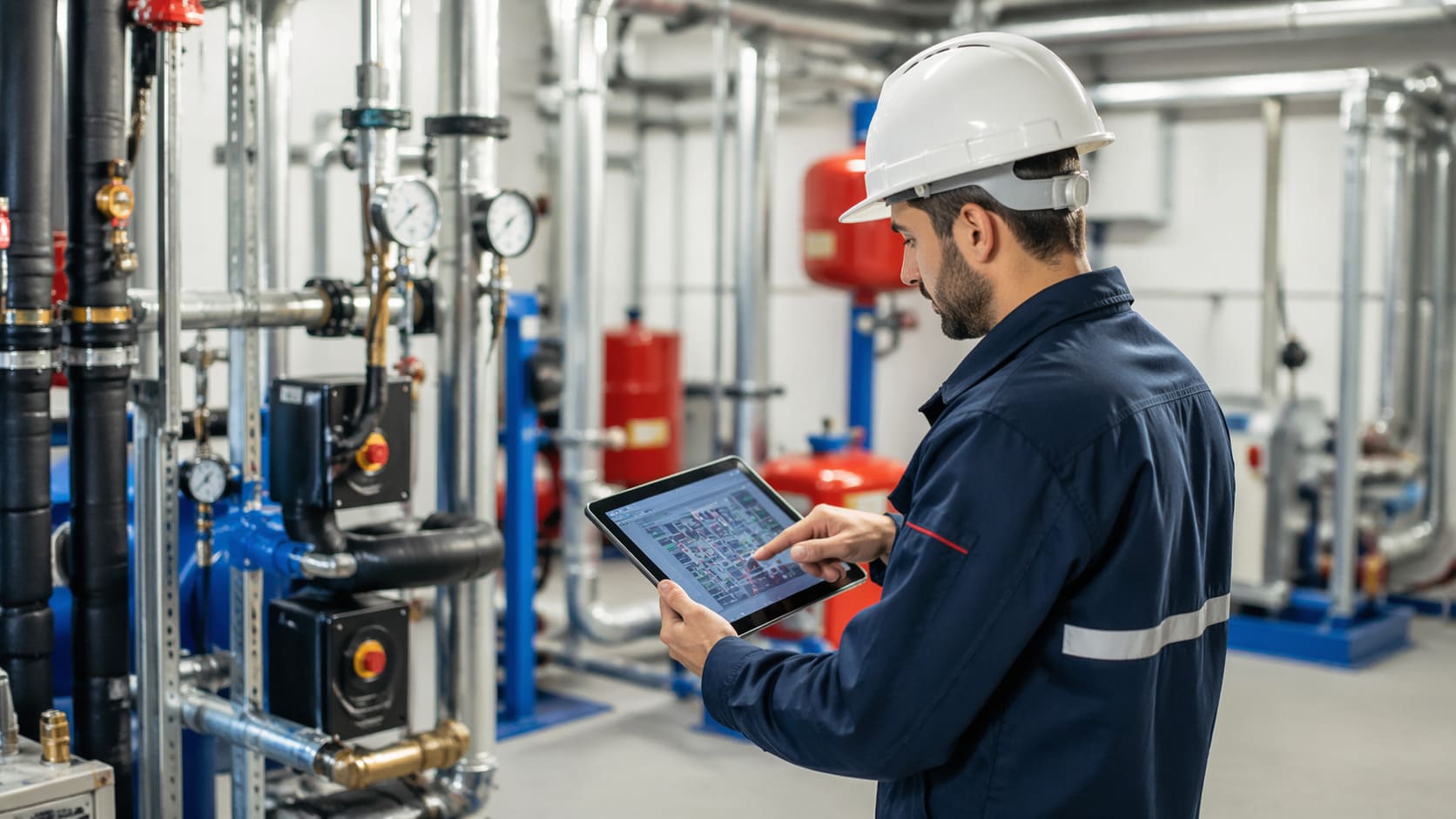 Técnico del sector instalaciones y energía revisando una instalación industrial con una tablet en un entorno técnico profesional
