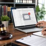 Profesional del sector jurídico trabajando una estrategia de email marketing en un despacho moderno con portátil, documentos legales y elementos de oficina.