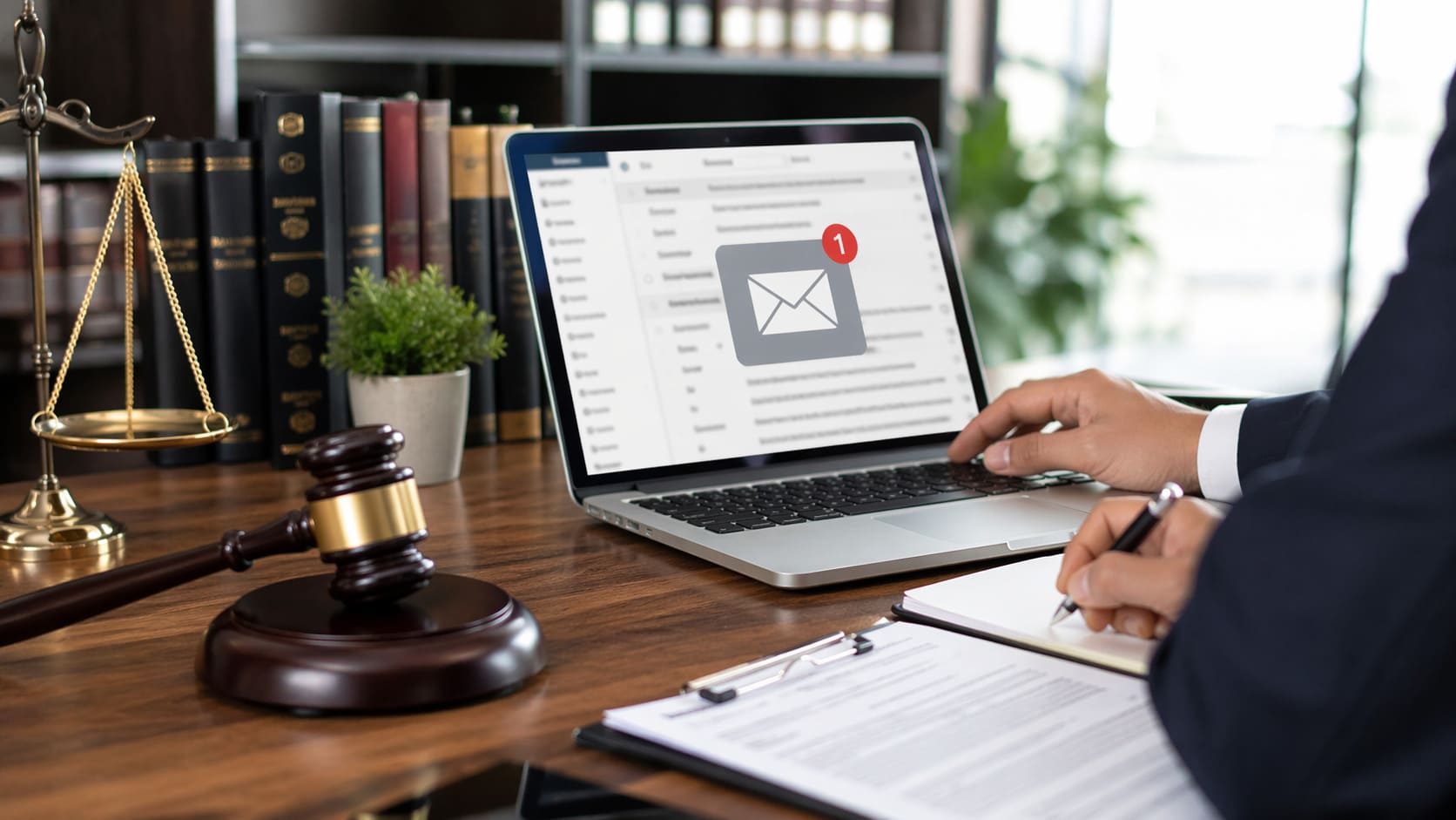 Profesional del sector jurídico trabajando una estrategia de email marketing en un despacho moderno con portátil, documentos legales y elementos de oficina.