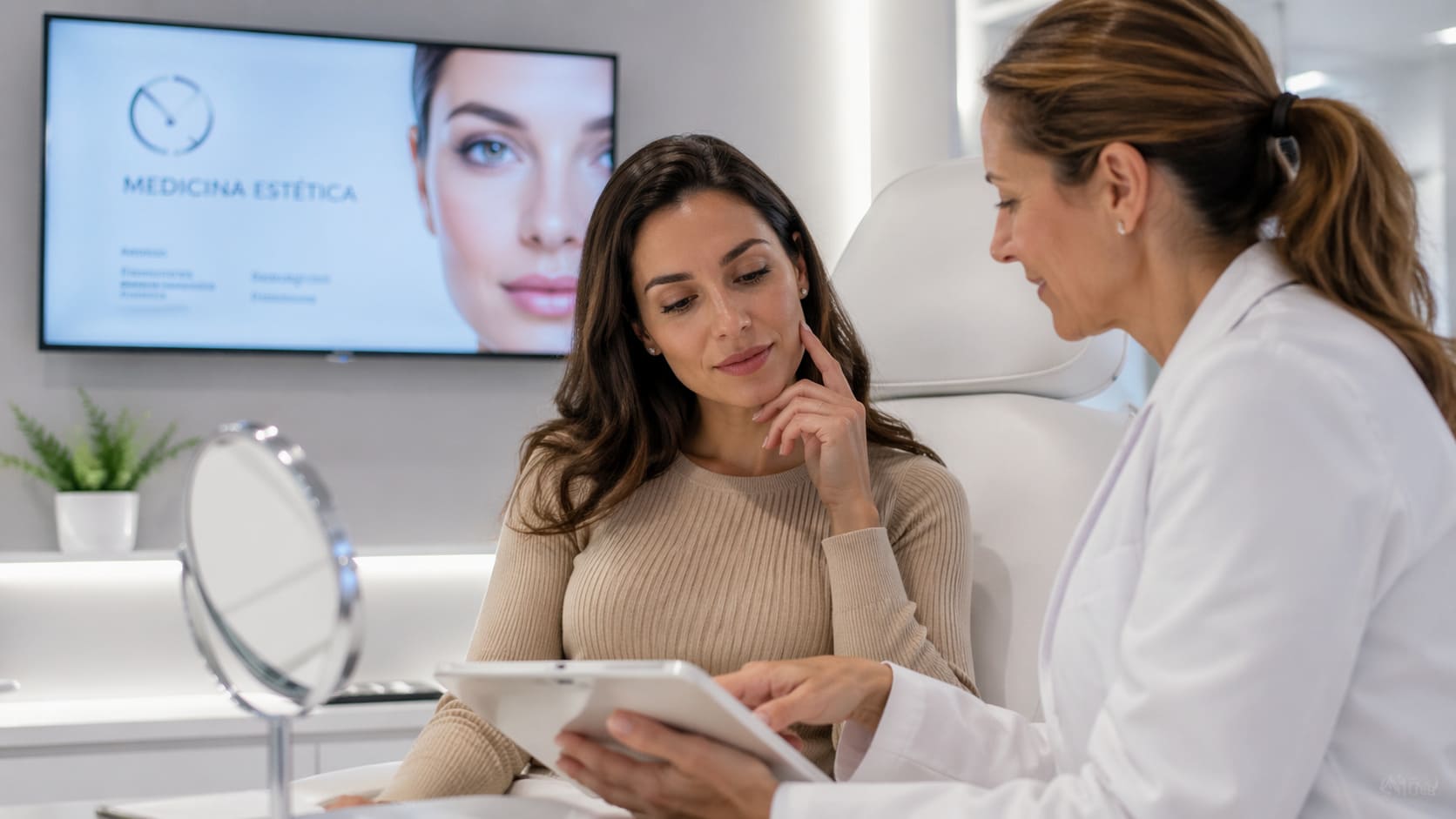 Profesional de medicina estética mostrando información en tablet a una paciente en una clínica moderna, representando email marketing y reputación de marca en salud privada.