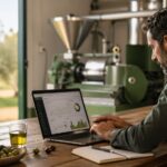 Profesional del sector oleícola analizando una estrategia de email marketing junto a botellas de aceite de oliva en un entorno de almazara.