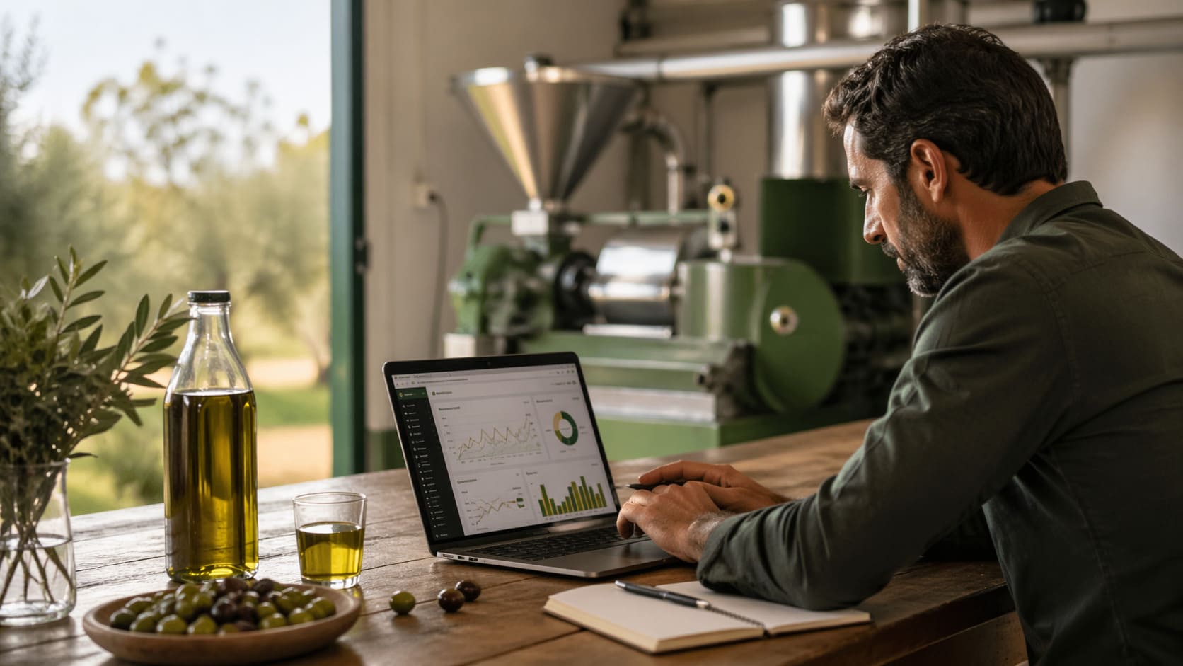 Profesional del sector oleícola analizando una estrategia de email marketing junto a botellas de aceite de oliva en un entorno de almazara.