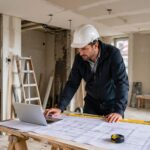 Profesional del sector reformas y construcción revisando una estrategia de email marketing en un entorno de obra moderna
