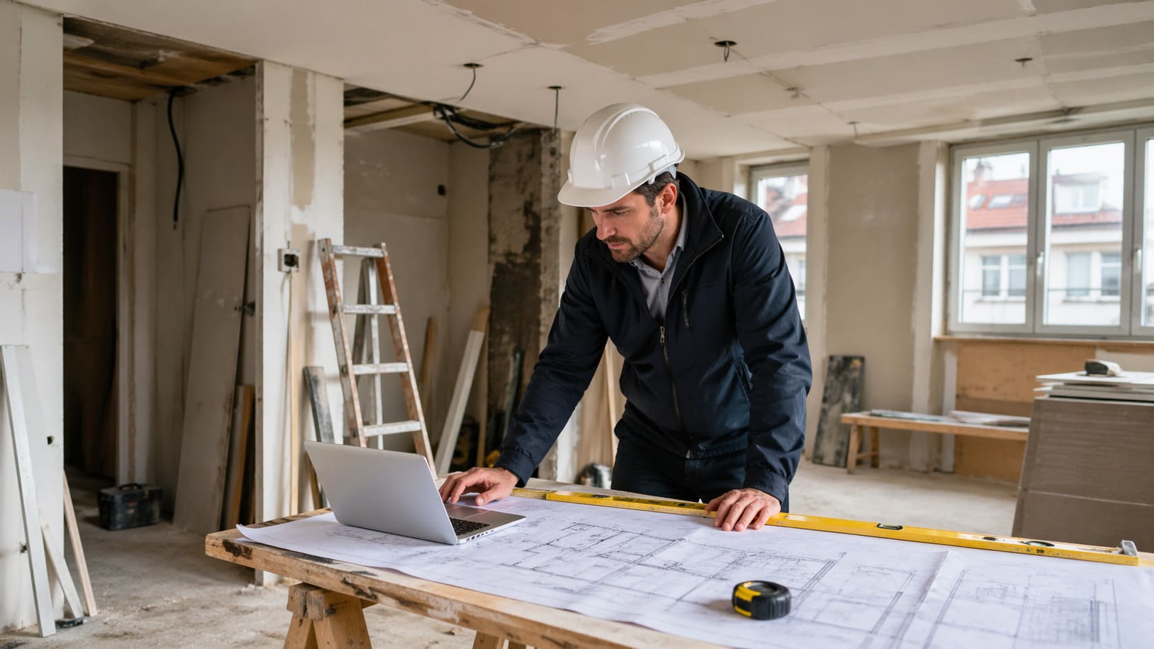 Profesional del sector reformas y construcción revisando una estrategia de email marketing en un entorno de obra moderna