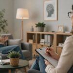 Profesional de salud mental revisando una estrategia de email marketing en un entorno de trabajo moderno, representando psicología y marketing digital.