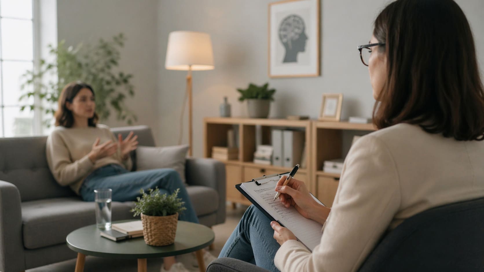Profesional de salud mental revisando una estrategia de email marketing en un entorno de trabajo moderno, representando psicología y marketing digital.