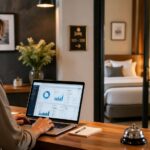 Profesional del sector turismo y alojamiento analizando una estrategia de email marketing en un entorno hotelero con soporte digital
