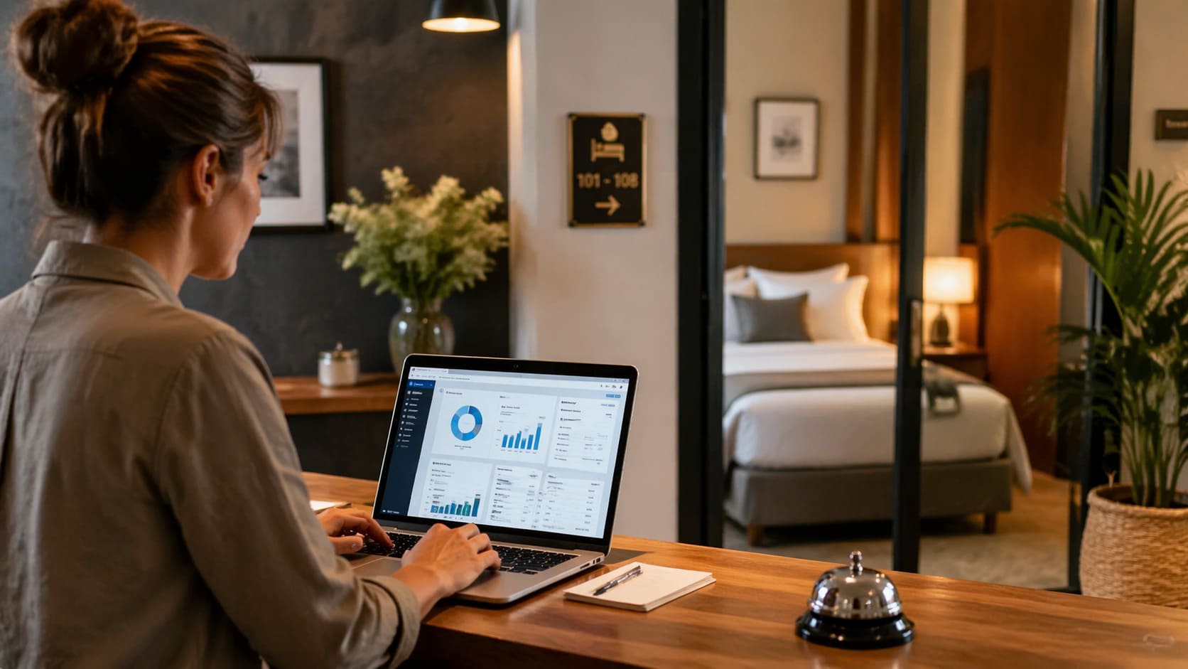 Profesional del sector turismo y alojamiento analizando una estrategia de email marketing en un entorno hotelero con soporte digital