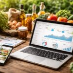 Mesa de trabajo con portátil y móvil mostrando analítica de redes sociales junto a productos frescos del sector agroalimentario.
