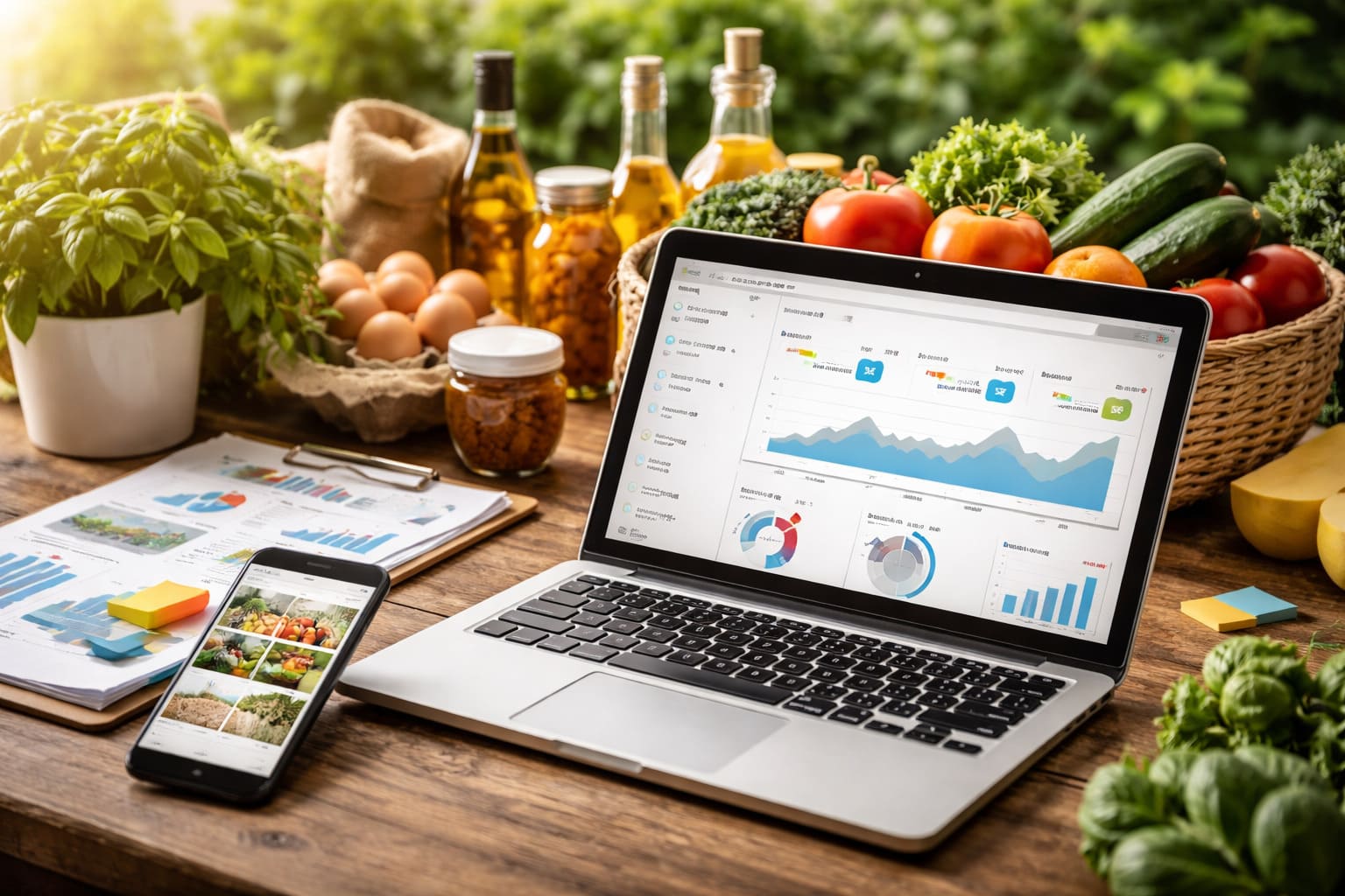 Mesa de trabajo con portátil y móvil mostrando analítica de redes sociales junto a productos frescos del sector agroalimentario.
