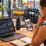 Profesional del sector bienestar y fitness gestionando redes sociales y estrategia digital en un entorno deportivo moderno