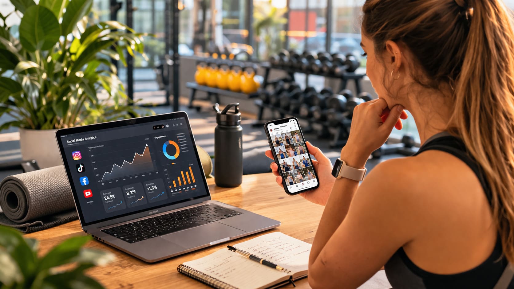 Profesional del sector bienestar y fitness gestionando redes sociales y estrategia digital en un entorno deportivo moderno