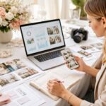 Profesional del sector bodas y eventos planificando una estrategia de social media y reputación de marca en un entorno de trabajo elegante y visual.