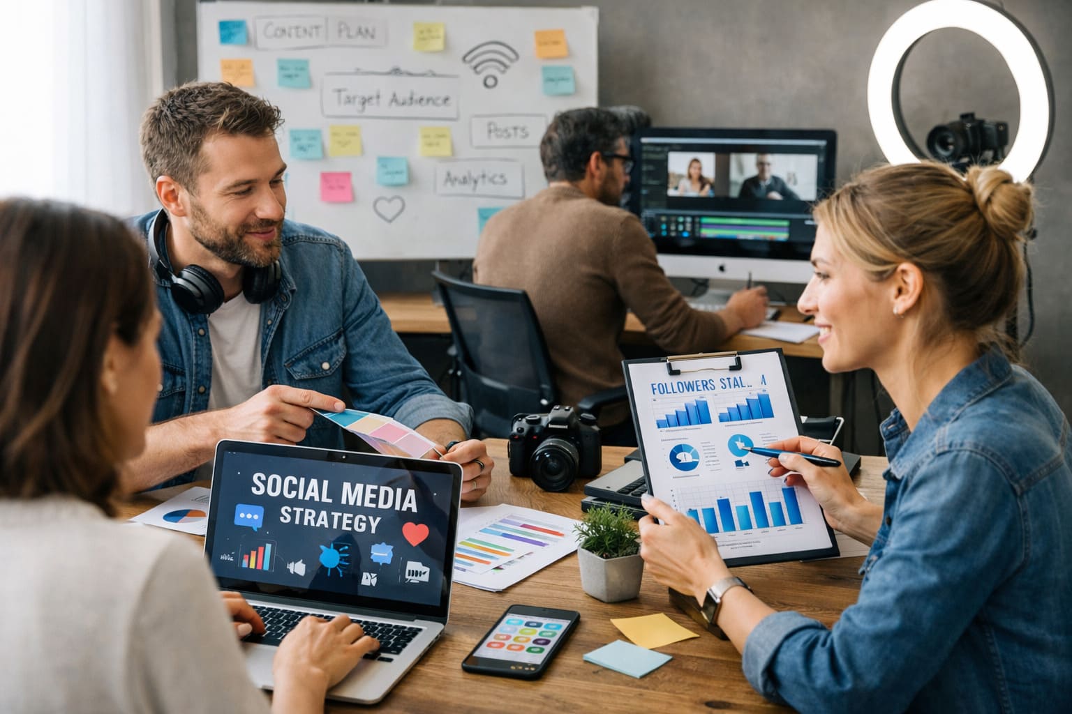 Equipo de comunicación y producción creativa trabajando en estrategia de social media, contenidos digitales y reputación de marca en una oficina moderna